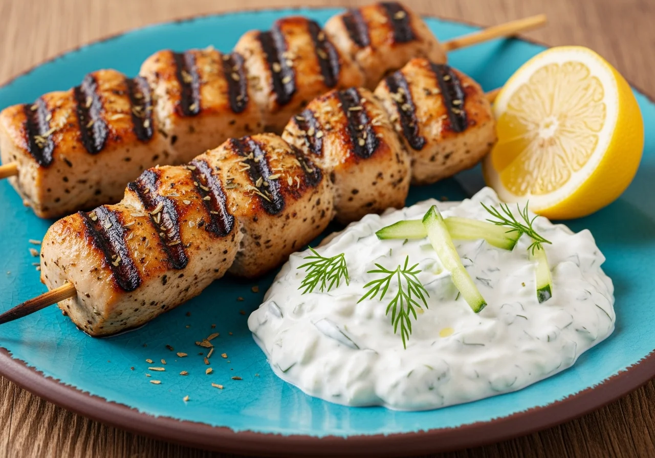 Klasyczne greckie souvlaki z kurczaka z domowym sosem tzatziki
