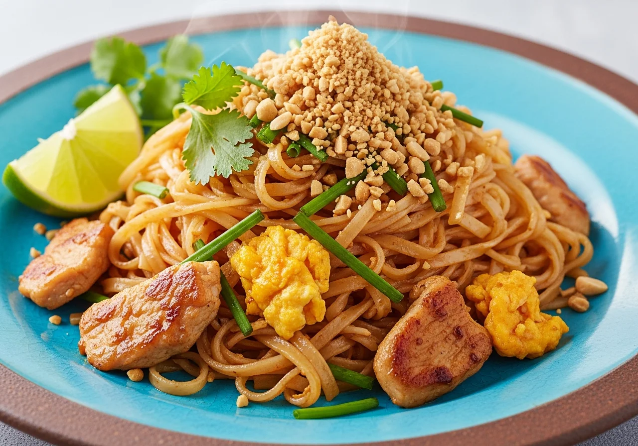 Szybki Pad Thai z kurczakiem, makaronem ryżowym i chrupiącymi orzeszkami