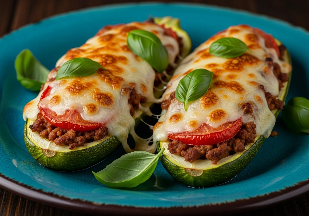 Pieczona cukinia faszerowana mięsem mielonym, pomidorami i mozzarellą